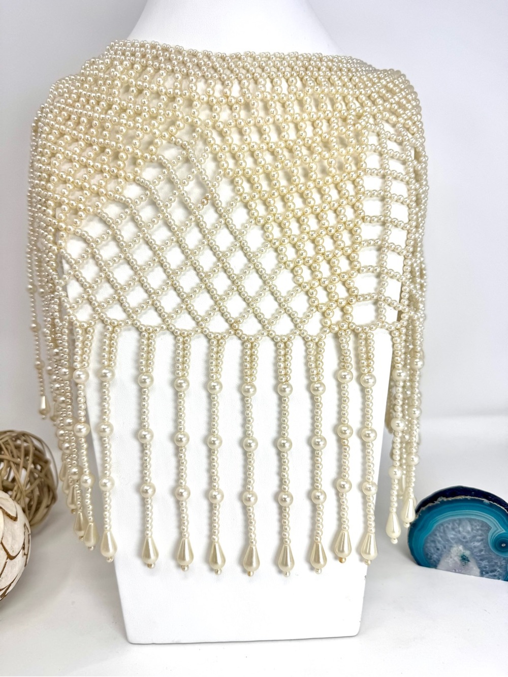 Handcrafted Ivory Faux Pearl Capelet Body Chain — Bridal Shoulder Necklace Shrug - Picture 2 of 8